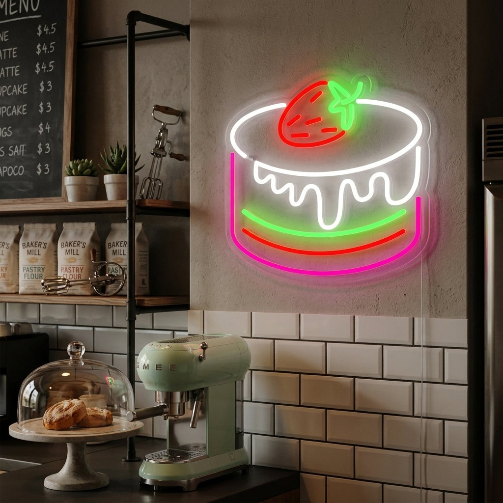 A vibrant neon sign featuring a slice of strawberry cake on a stand with the word 'CAFE' lit up on a cozy bakery wall background.