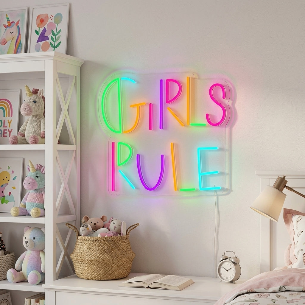 The 'Girls Rule' neon sign mounted in a cozy kid's bedroom
