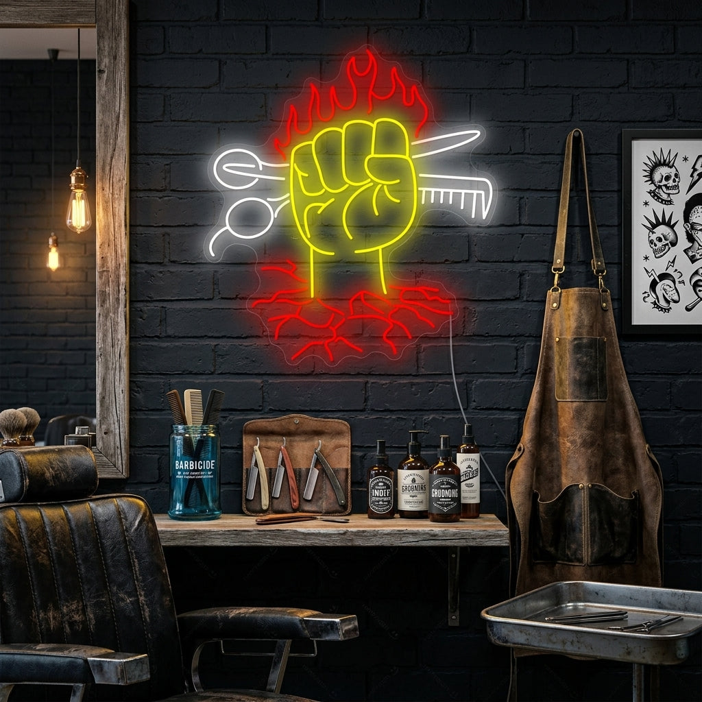 Hair Salon neon sign glowing vibrant pink and blue above a barber station with mirror and brick wall background