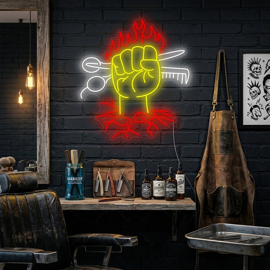 Hair Salon neon sign glowing vibrant pink and blue above a barber station with mirror and brick wall background