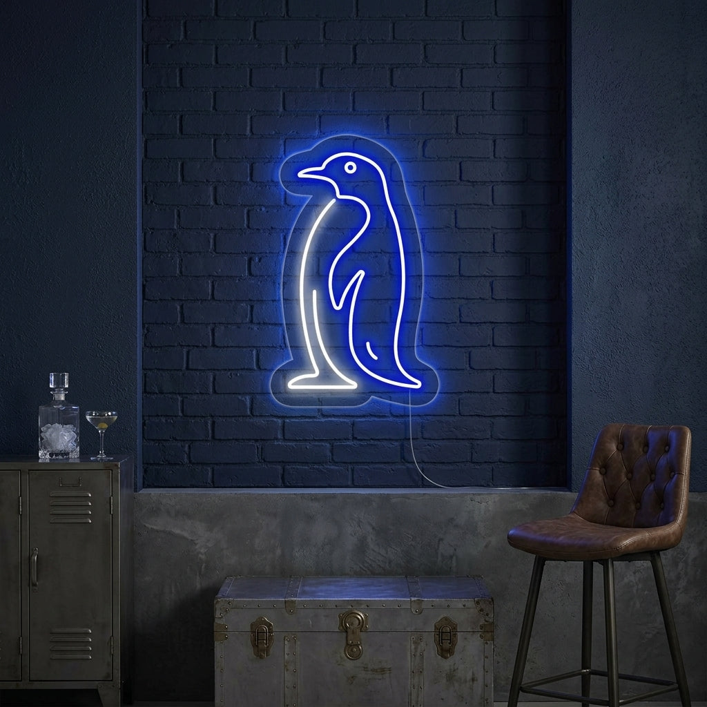 An Antarctic Penguin neon sign glowing bright on a cool-toned wall in a cozy living space.