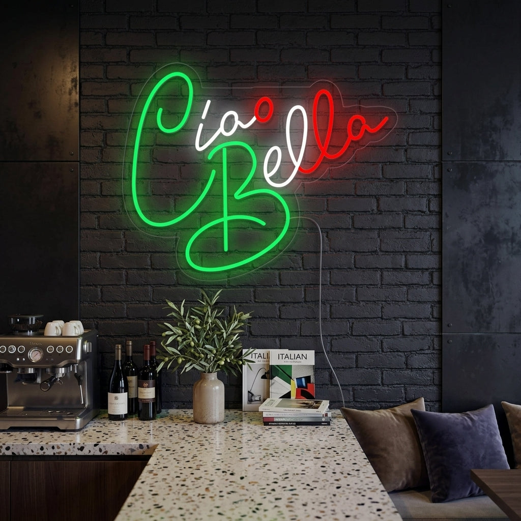 Ciao Bella Hello Beautiful illuminated neon sign mounted on a textured brick wall in a cozy living room, glowing warmly above a sofa with soft ambient lighting.