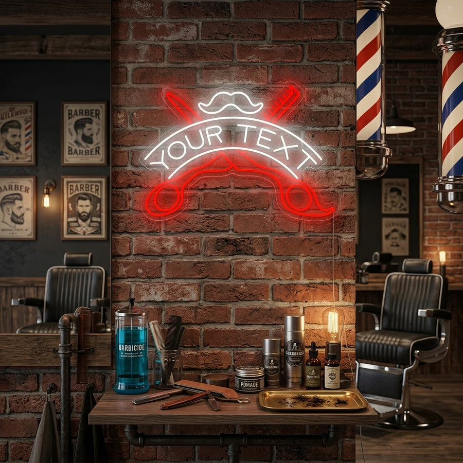 A vibrant 'Custom Barbershop' neon sign glowing on a modern barbershop wall with barber chairs.