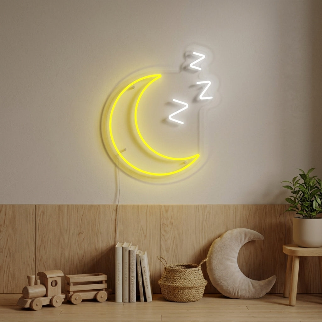 Sleepy Moon with ZZZ neon sign glowing softly on a wall in a decorated kids' room, above a bed with plush toys and bedding.
