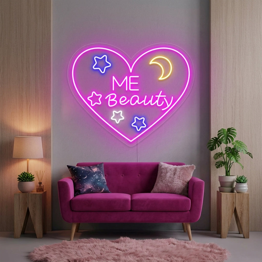 Lifestyle view of the glowing pink 'Heart Love Me Beauty' neon sign mounted on a textured wall in a modern beauty room.