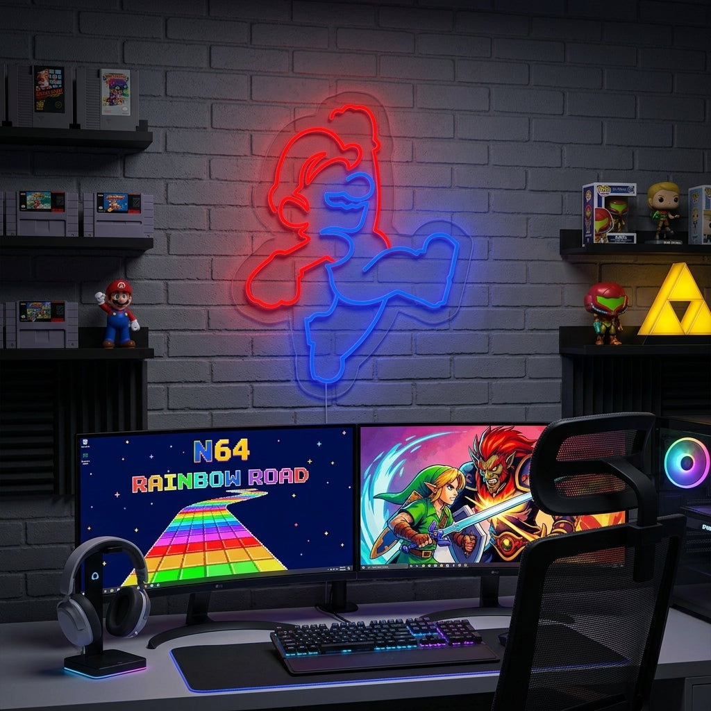 Vibrant custom neon sign depicting an iconic pixelated plumber mid-stride, illuminating a dark, curated gaming room corner with other retro memorabilia.