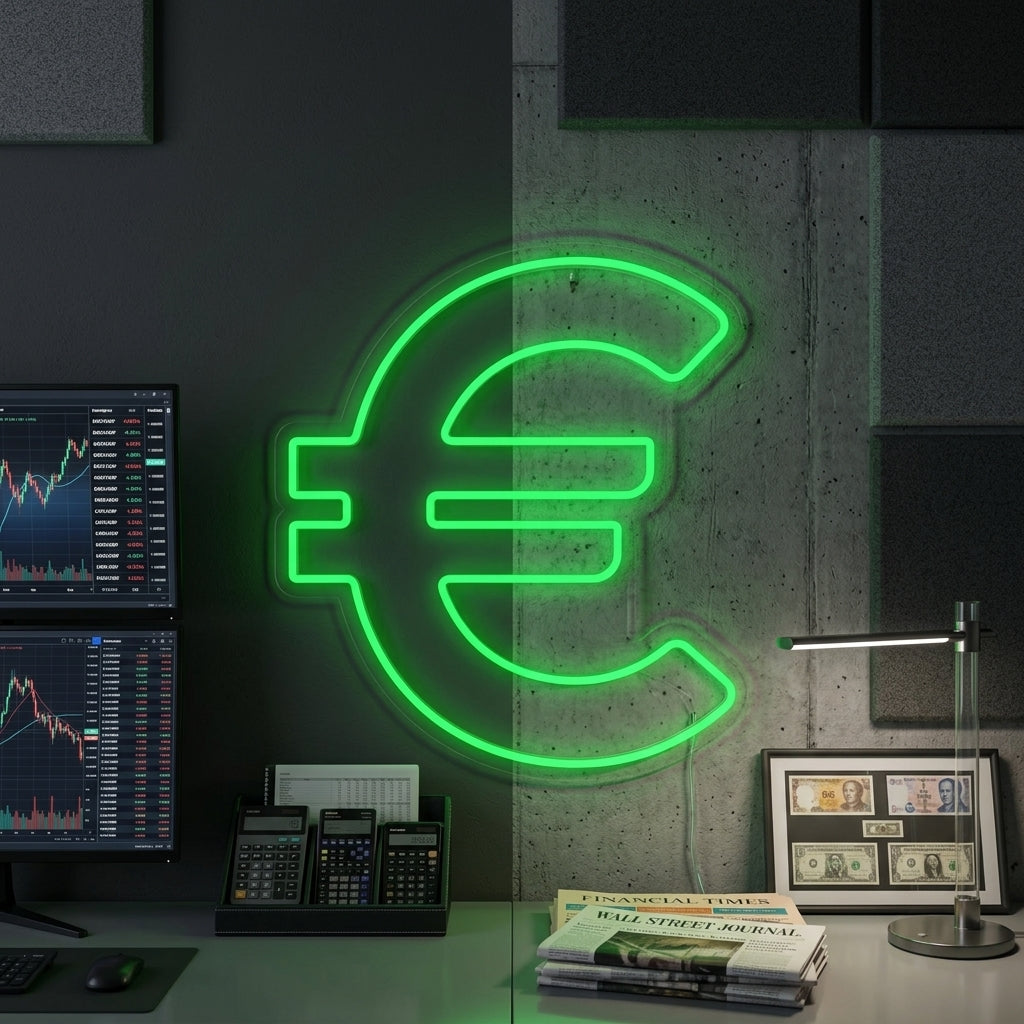A vibrant green illuminated Euro symbol neon sign mounted on a textured brick wall in a modern office, casting a warm glow on the surroundings.