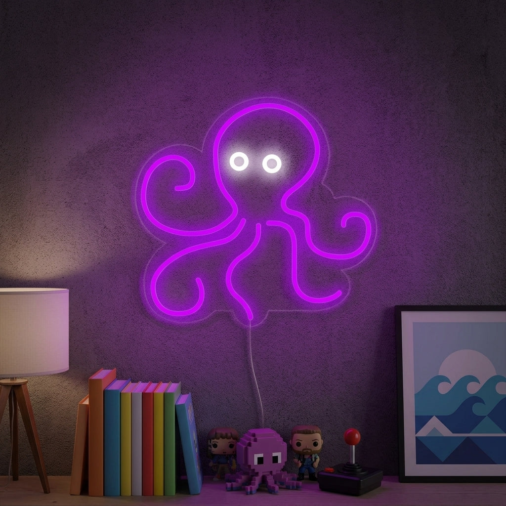 Octopus Sea Animal glowing neon sign mounted on a textured brick wall in a cozy room.