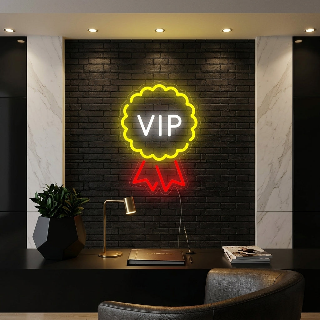 A 'Vip Room Vip Lounge' neon sign glowing on a textured brick wall within a chic, atmospheric lounge setting.