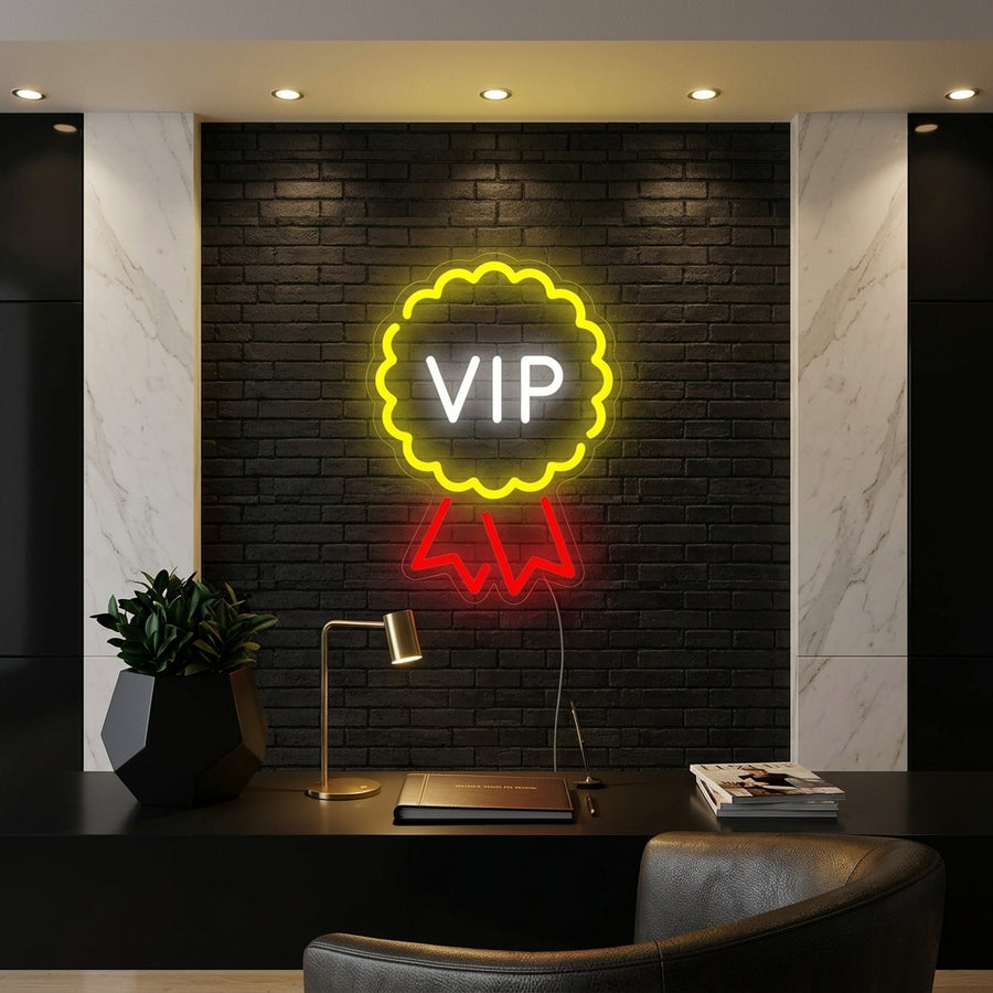 A 'Vip Room Vip Lounge' neon sign glowing on a textured brick wall within a chic, atmospheric lounge setting.