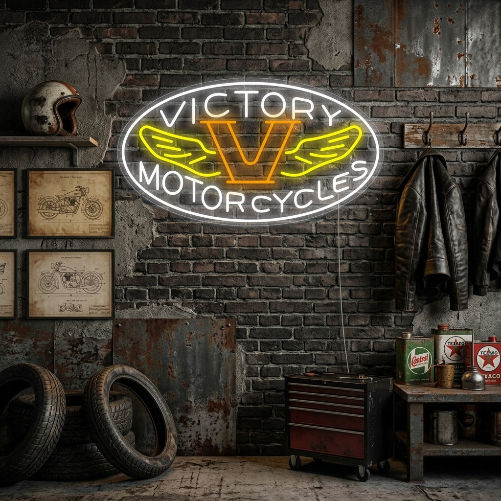 A glowing blue and red neon sign that reads 'Motorcycles Victory' hanging on a dark wall in a stylized garage setting.