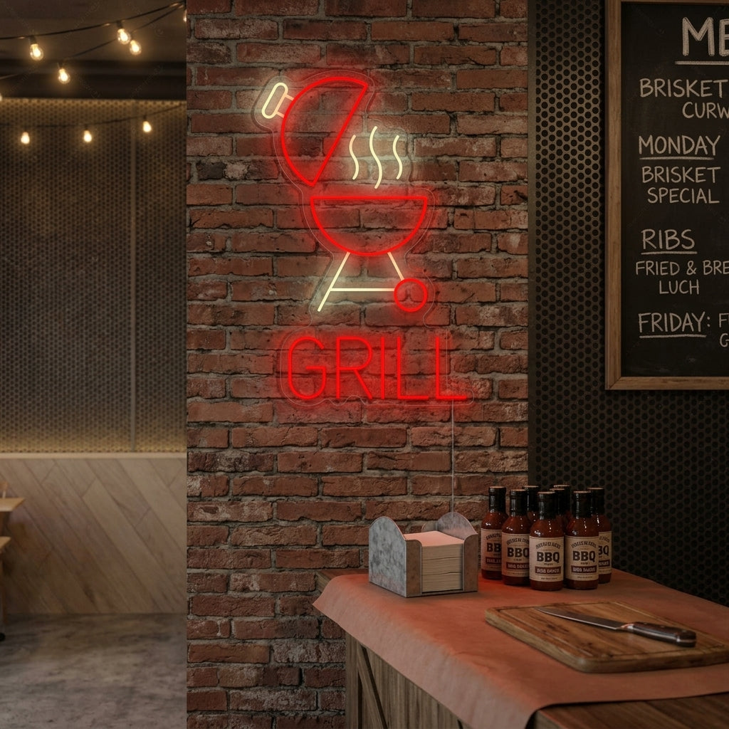 A vibrant orange and white BBQ Grill neon sign featuring a grill with smoke, glowing on a dark brick wall next to shelves of spices and a plant.