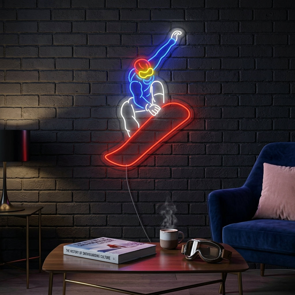 A person snowboarding downhill, captured in an illuminated neon sign design