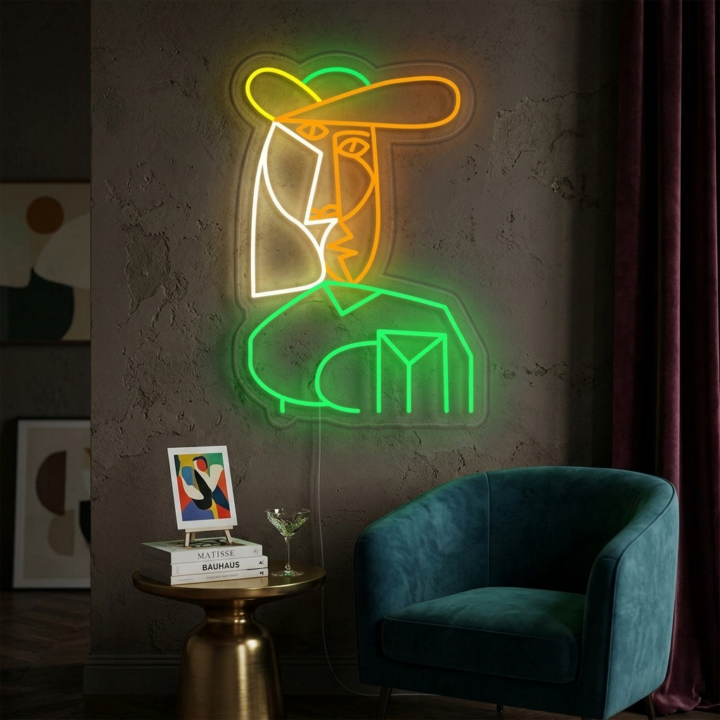 Stylized portrait based on Pablo Picasso's Bust of Woman rendered in glowing yellow and white neon tubing on a textured wall in a modern living room