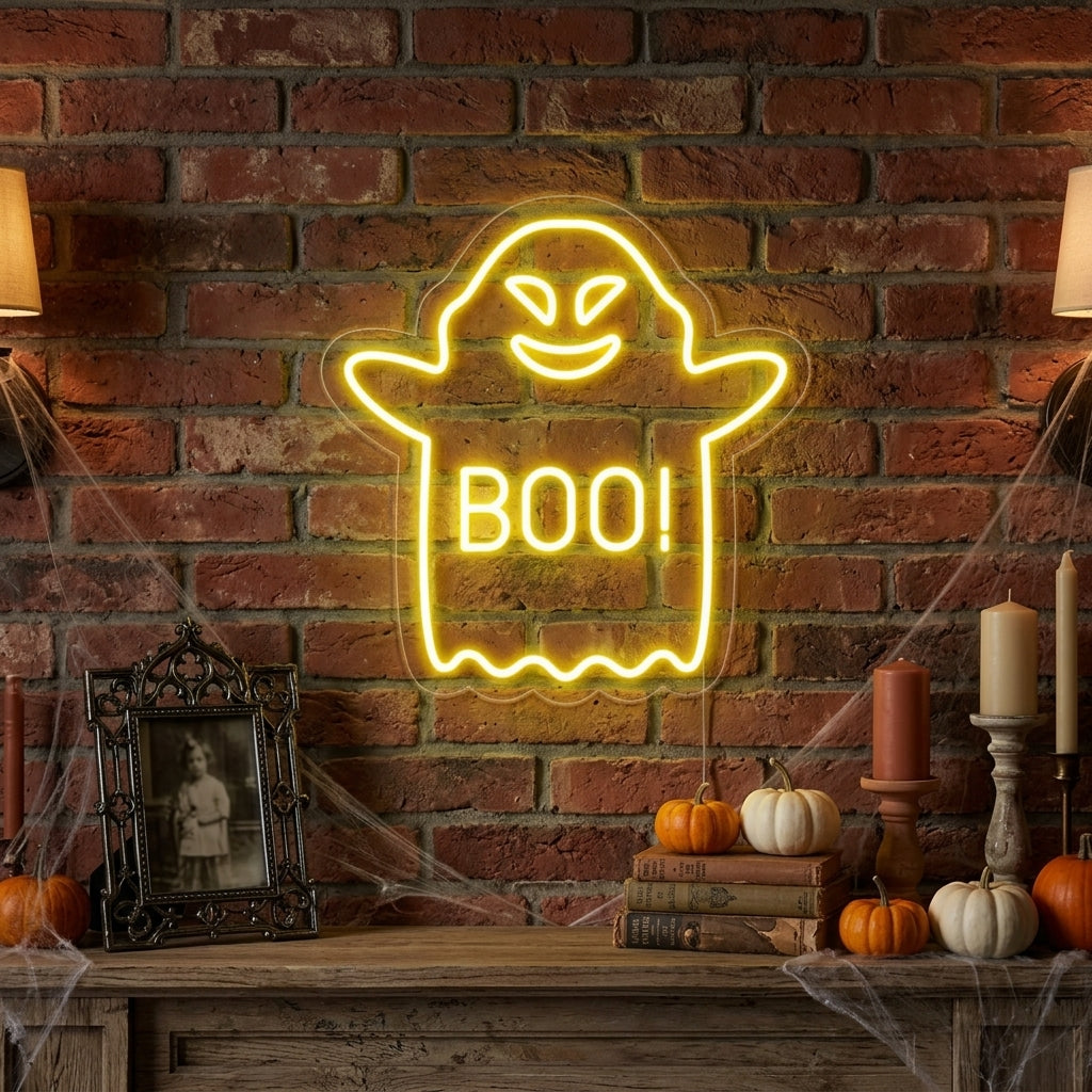 A lifestyle photo of a lit white 'Soaring Boo Ghost' neon sign hanging above a rustic wooden shelf with pumpkins and candles.