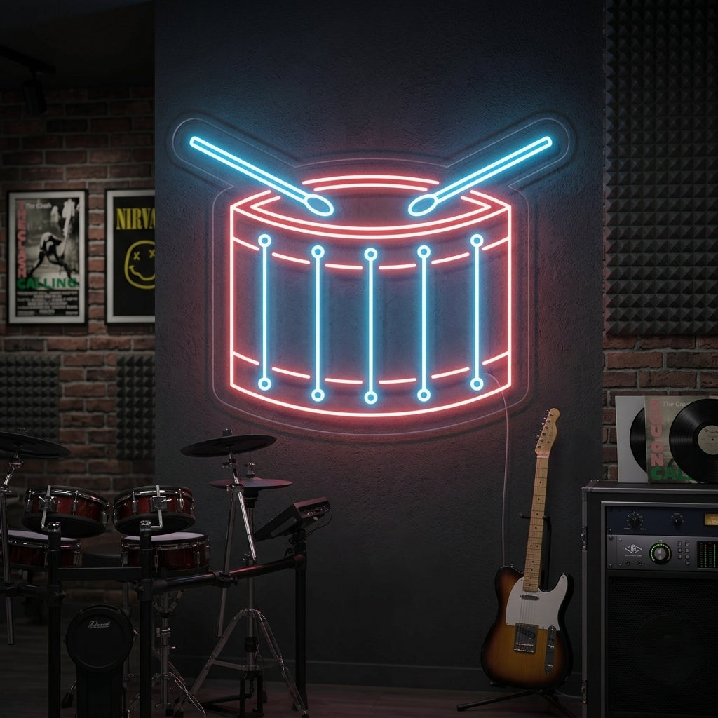A glowing red and blue Drum Neon Sign mounted on a brick wall above a drum kit in a music room setting.