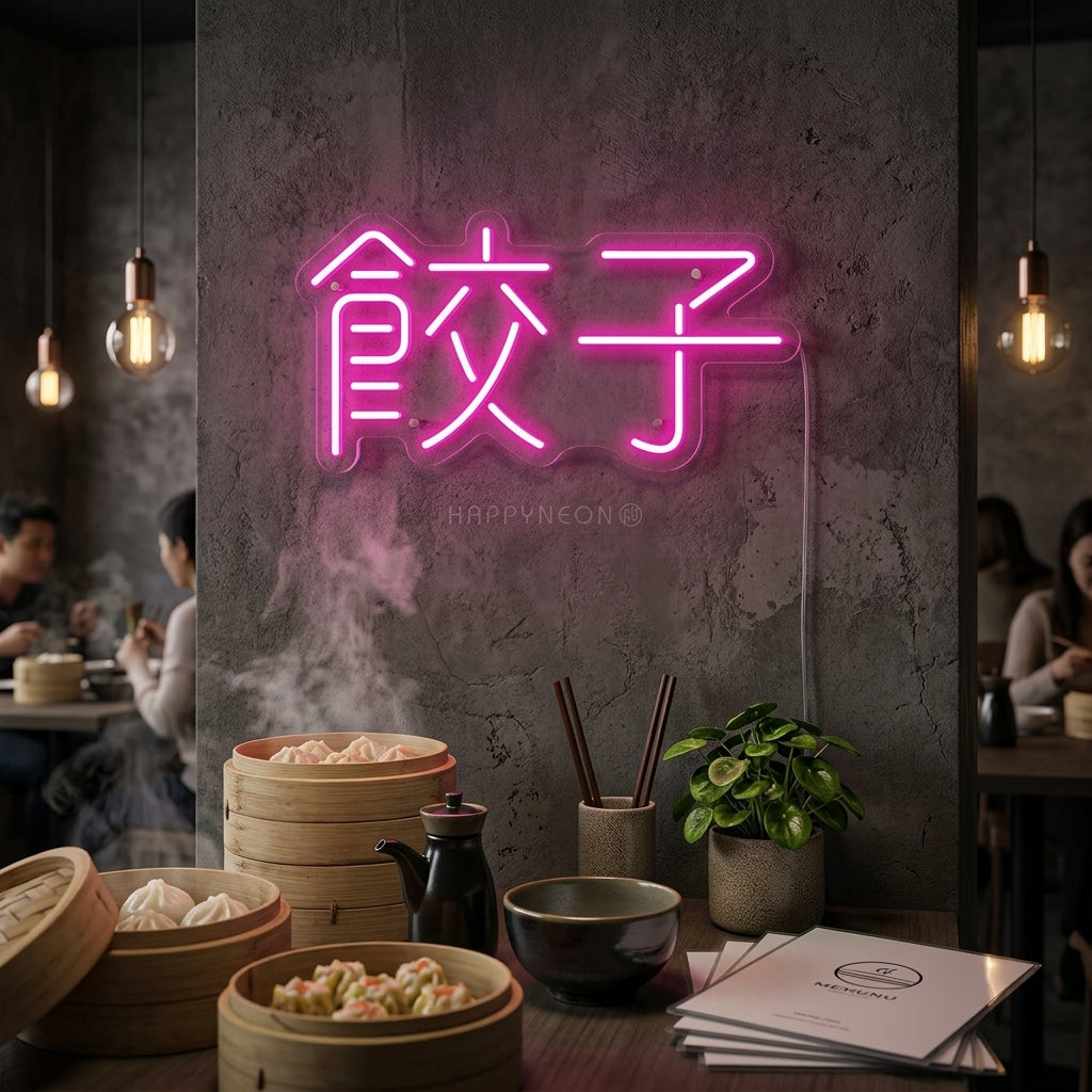A glowing Chinese Food Dumpling neon sign displayed above a dining table set for dinner.