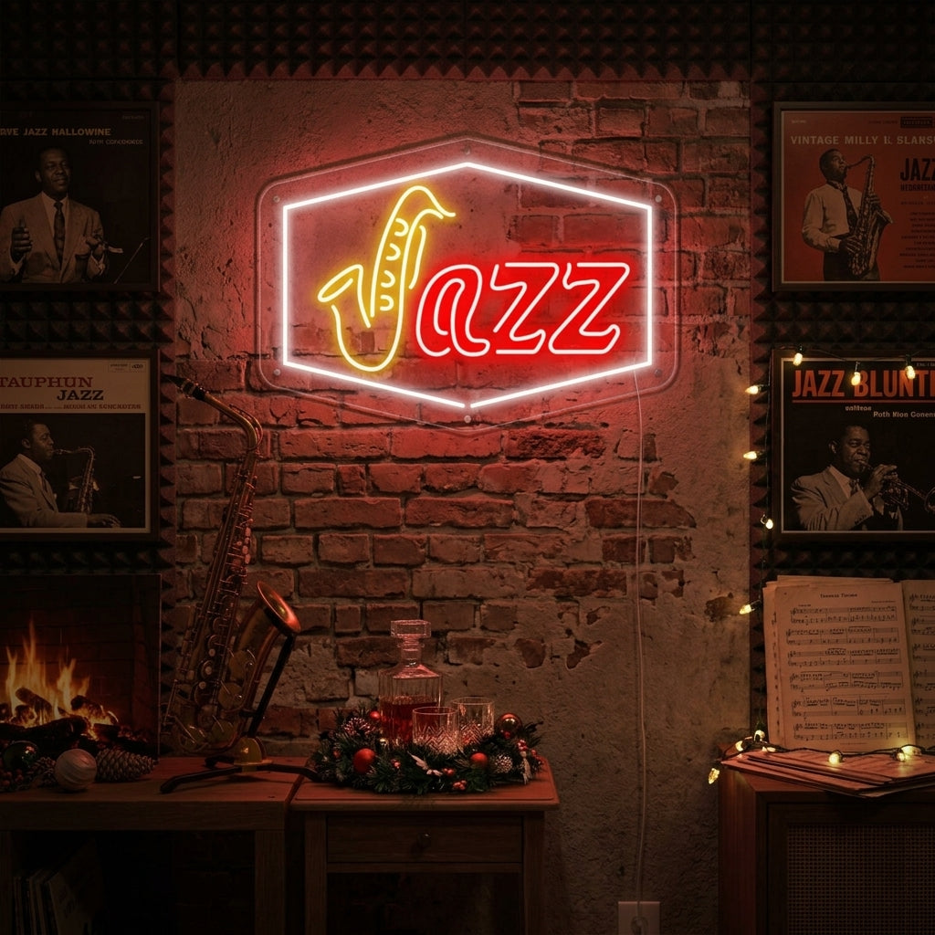 A lifestyle shot of the lit 'Jazz' neon sign in a dimly lit bar setting, casting a warm glow on wooden tables and customers