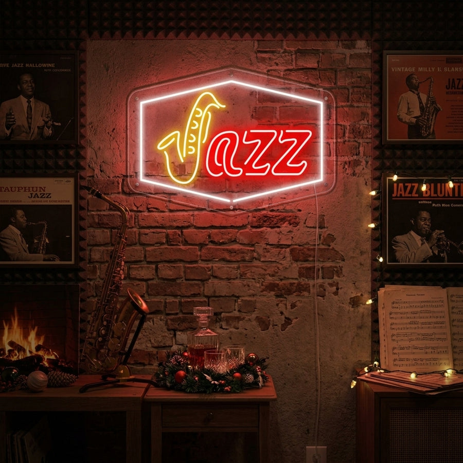 A lifestyle shot of the lit 'Jazz' neon sign in a dimly lit bar setting, casting a warm glow on wooden tables and customers