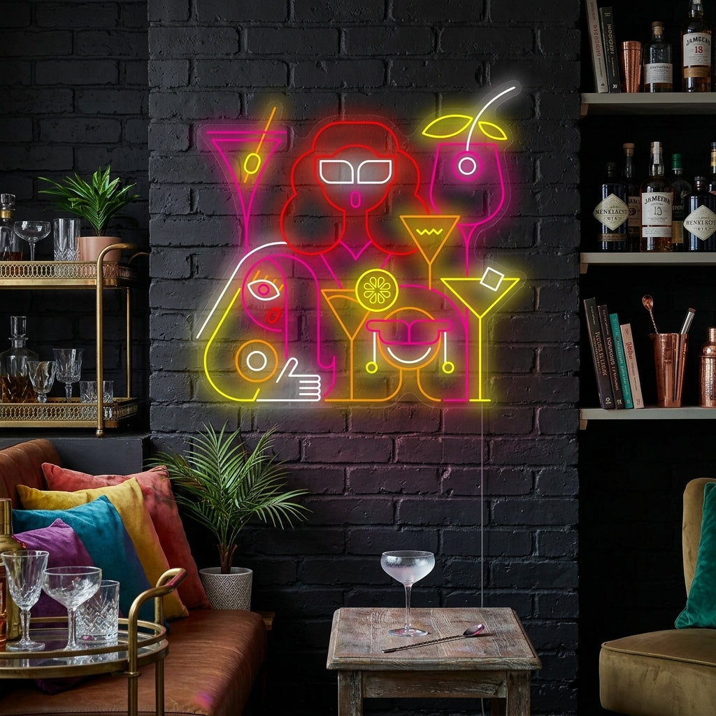 A vibrant 'Cocktail Bar' neon sign illuminated on a textured dark wall above a stylishly curated home bar setup with bottles and glassware.