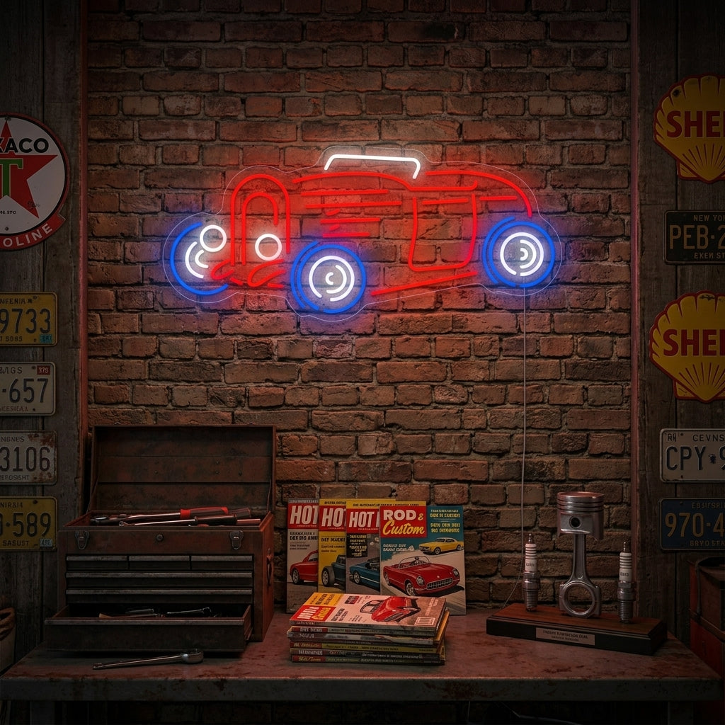 Glowing red and orange neon sign depicting a classic car hot rod mounted on a dark brick wall in a garage setting.