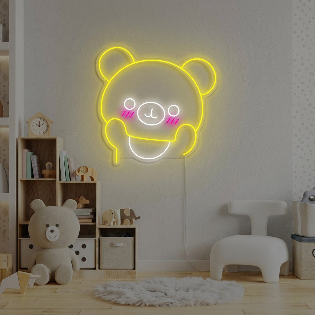 Cute Bear neon sign glowing brightly on a decorated shelf in a well-lit child's room with neutral colors and toys.