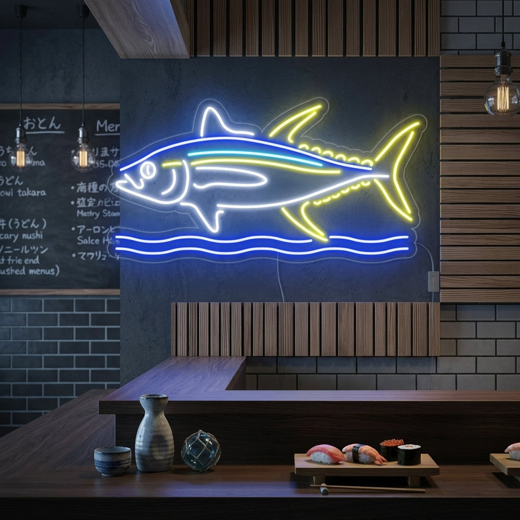 A glowing red 'Fish' neon sign shaped like a jumping fish mounted on a dark wall over a wooden side table.