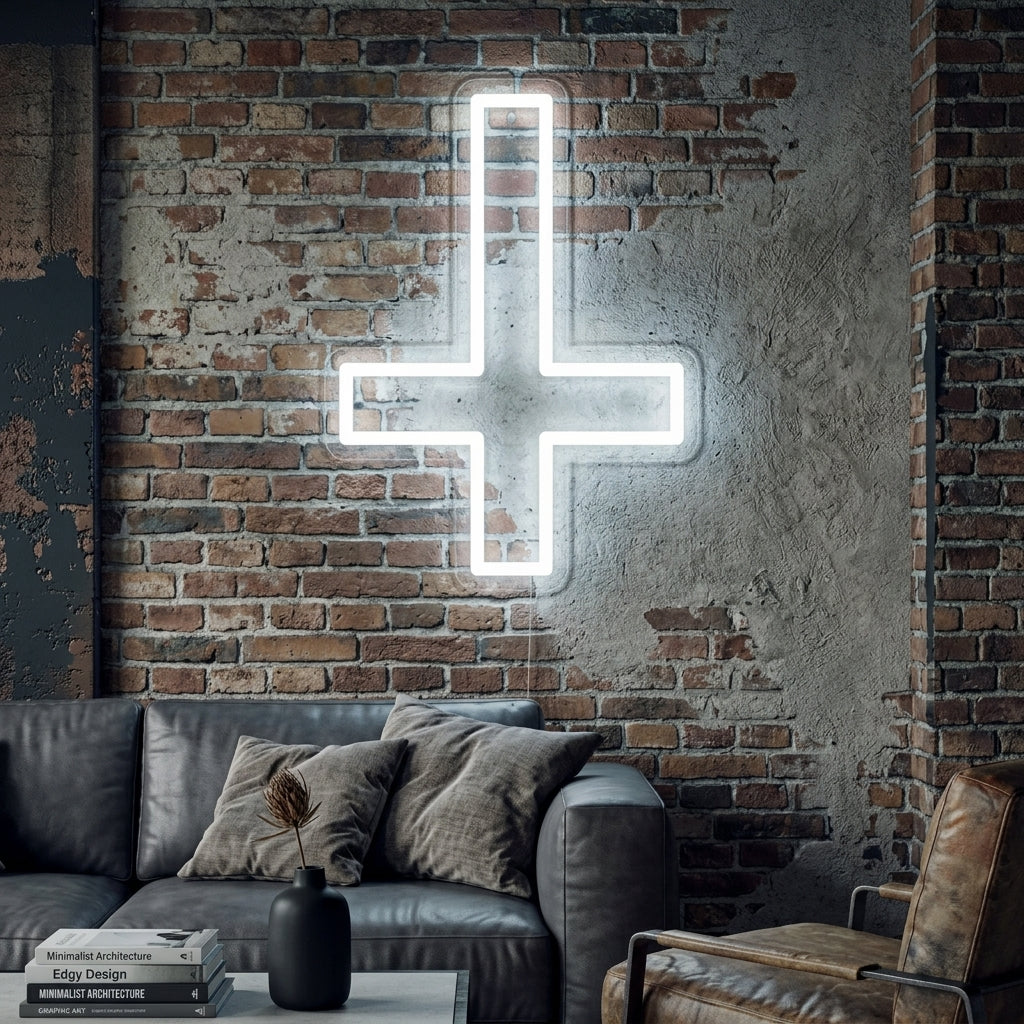 Illuminated Saint Peter inverted Christian cross neon sign on a stone wall in a modern living space
