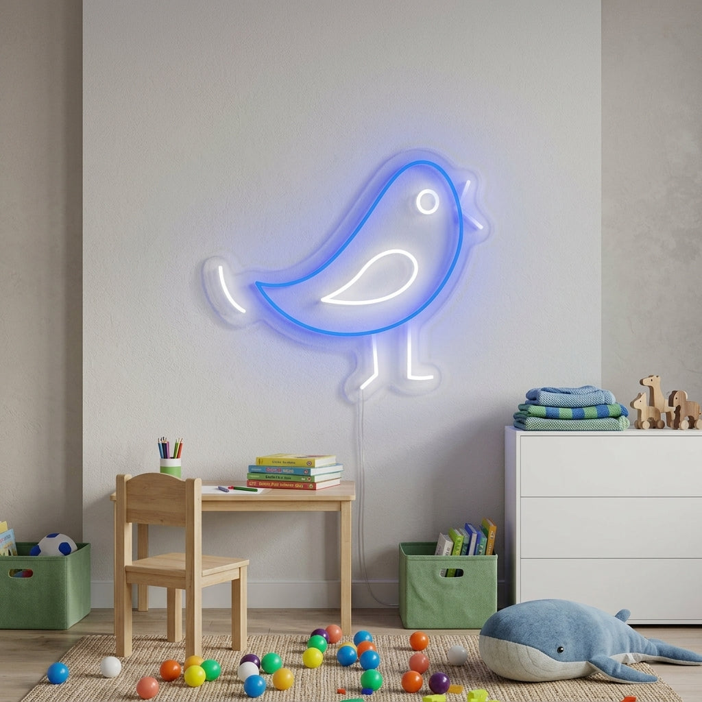 A cozy child's bedroom with a glowing white neon sign shaped like a friendly bird mounted on the wall above a wooden crib.