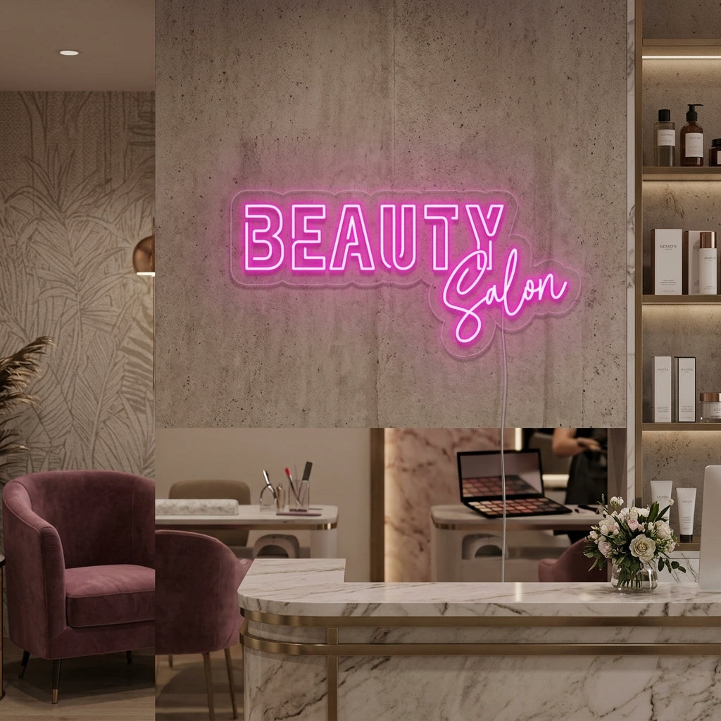 A glowing 'Beauty Salon' neon sign illuminates a cozy corner within a modern salon, positioned above a stylish chair.