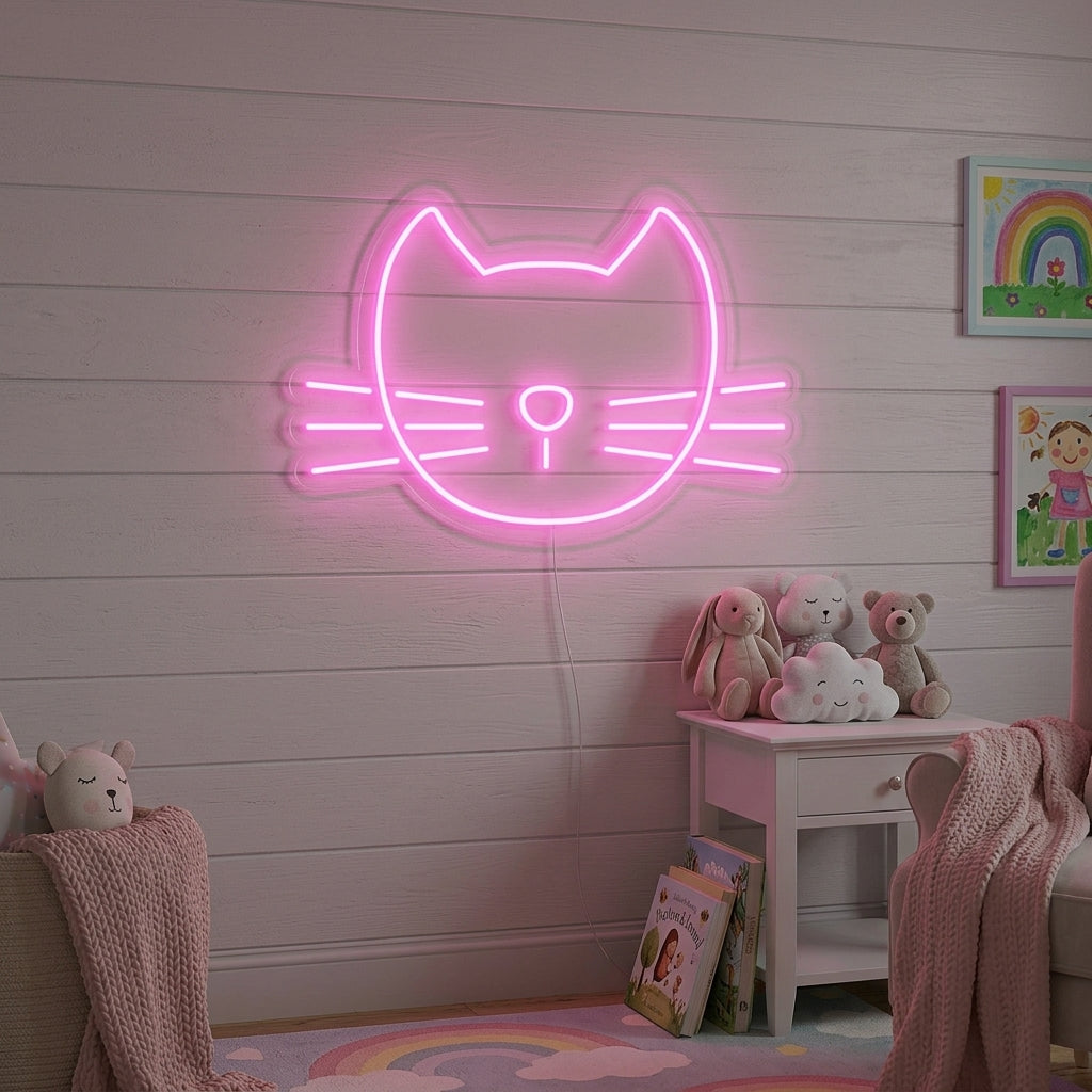 A cozy bedroom corner featuring a glowing pink neon sign of a cute cat's face above a small shelf, providing warm, ambient light.