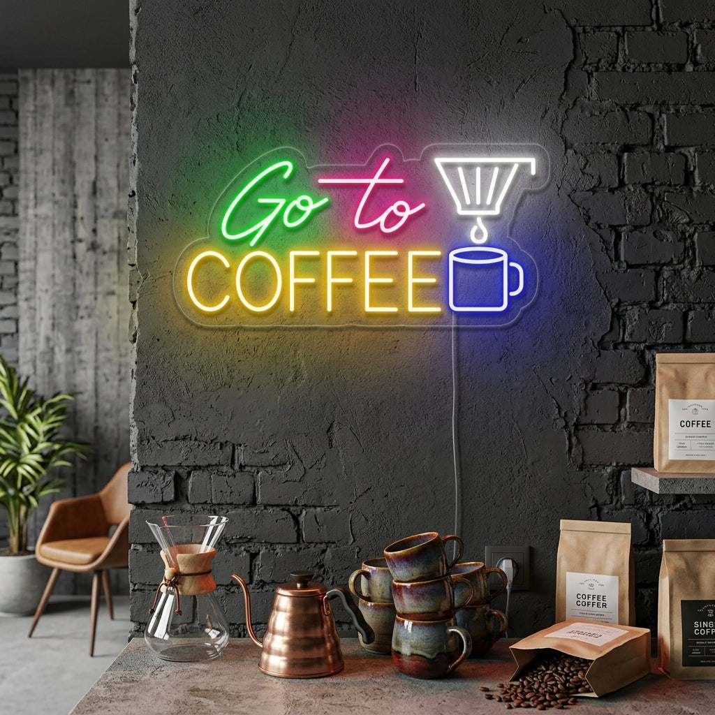 Go To Coffee neon sign in blue and yellow lettering, illuminated on a wall above a counter with various coffee cups and machines in a bustling cafe setting.