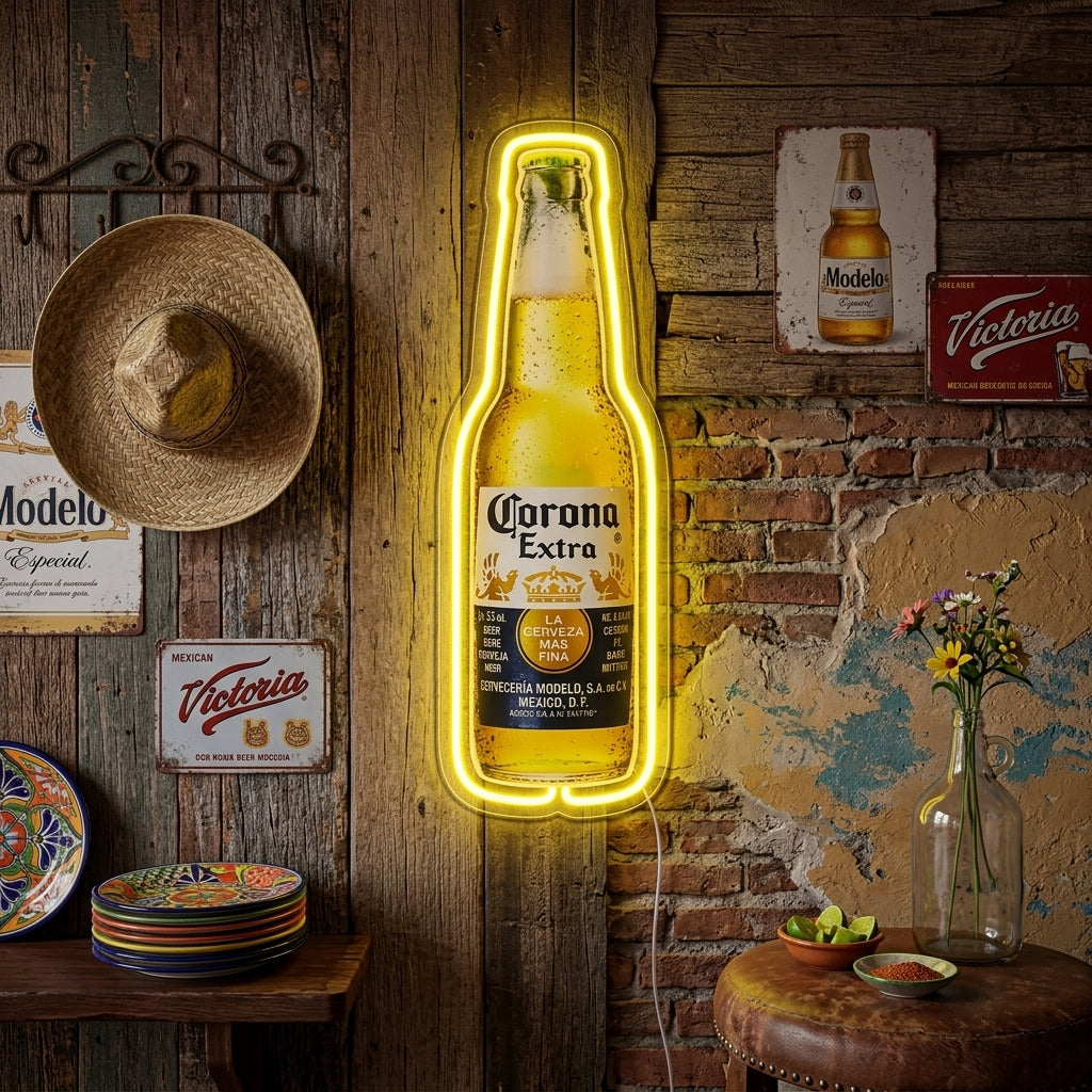 A cozy home bar or game room scene featuring the Beer Bottle Neon Sign illuminating a brick wall above a collection of various whiskey bottles and barware.