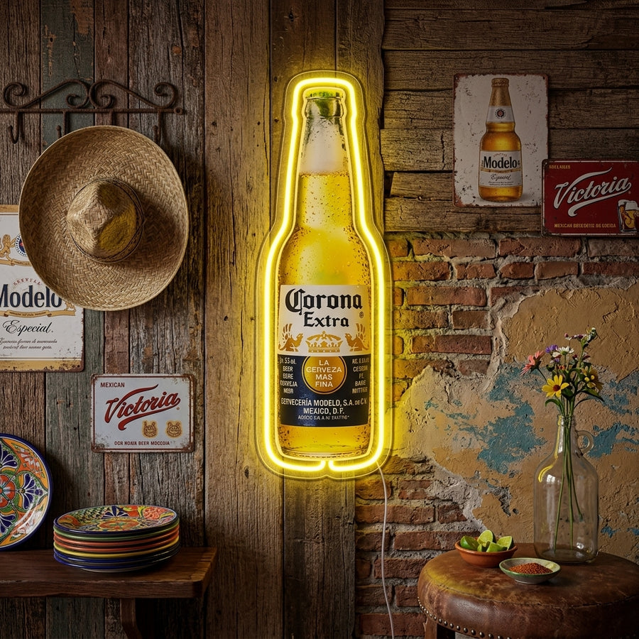 A cozy home bar or game room scene featuring the Beer Bottle Neon Sign illuminating a brick wall above a collection of various whiskey bottles and barware.