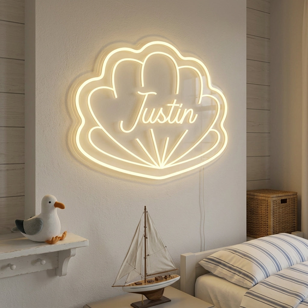 A custom name shell-shaped neon sign glowing softly on a bedroom wall above a child's bed, casting a warm light and creating a cozy atmosphere.