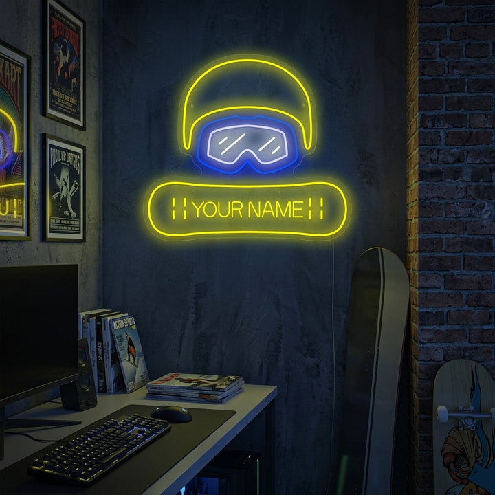 A lifestyle photo showing the Custom Snowboard Neon Sign in a room setting, glowing on a dark wall above a bed and nightstand.