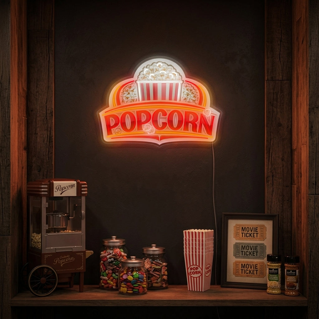 A cozy living room setting with the glowing "Homemade Salted Popcorn" neon sign mounted on the wall above a home theater snack bar.