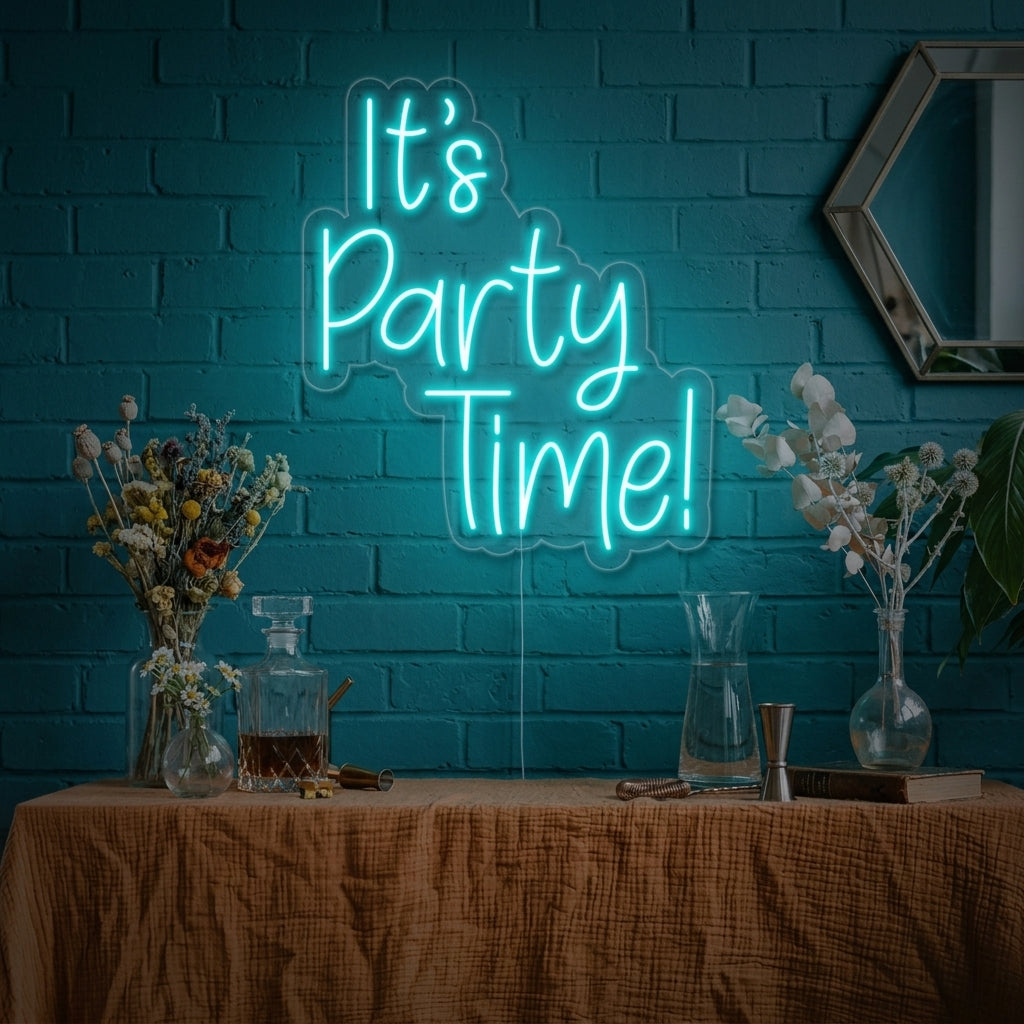 Vibrant "It's Party Time" neon sign glowing over a decorated celebratory dessert table with a disco ball and confetti.