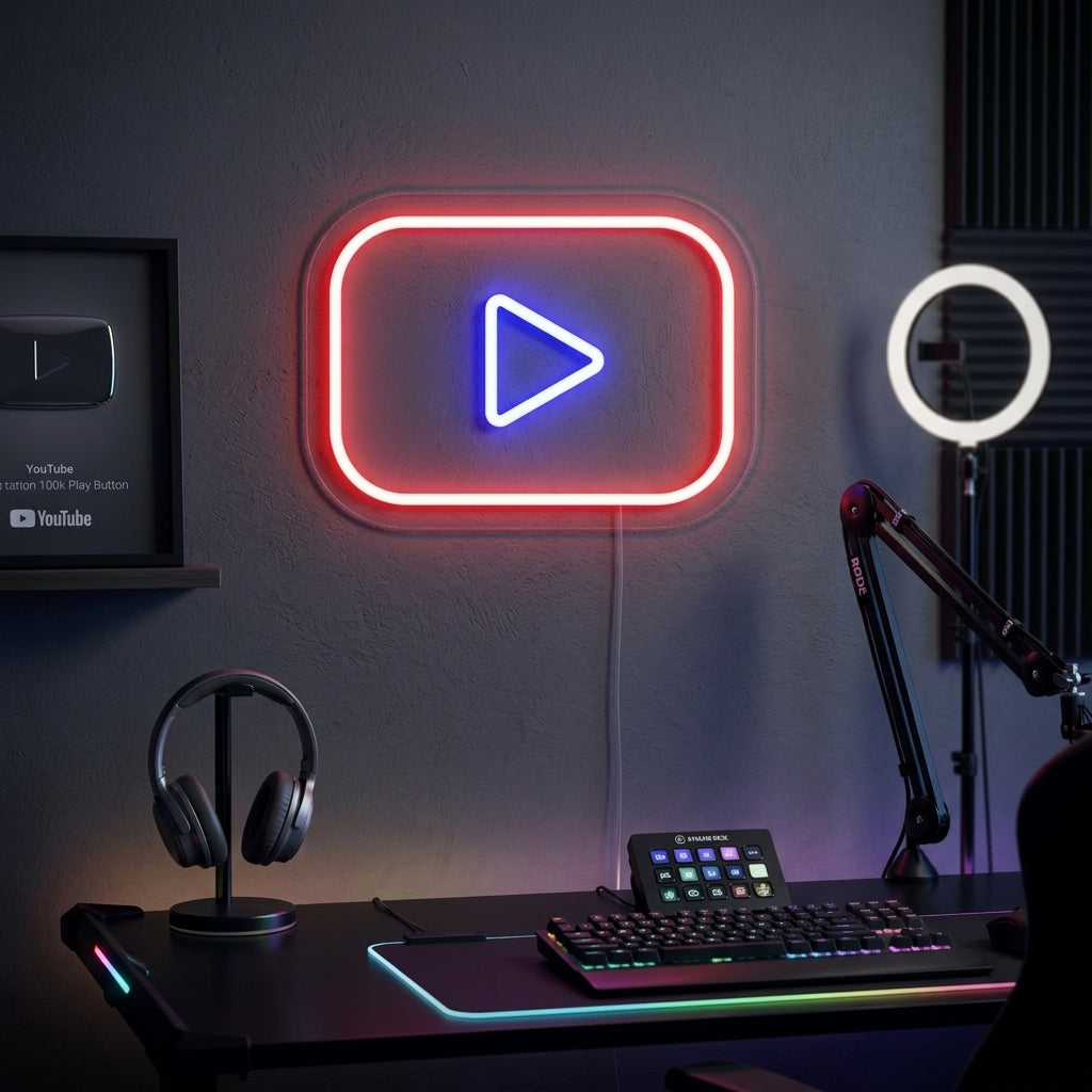 YouTube Logo neon sign glowing in a modern room