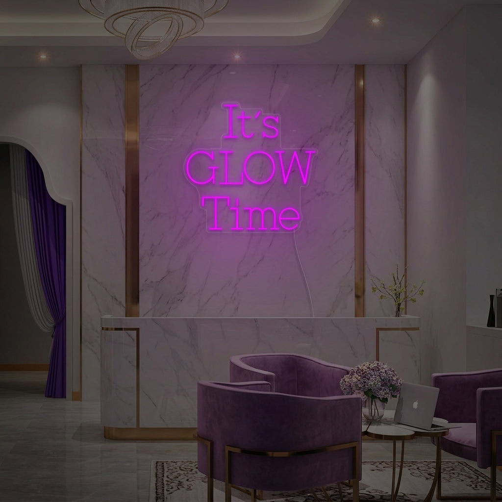 A candid, well-lit photo of the 'Its Glow Time' neon sign glowing brightly on a textured accent wall in a stylish living space.