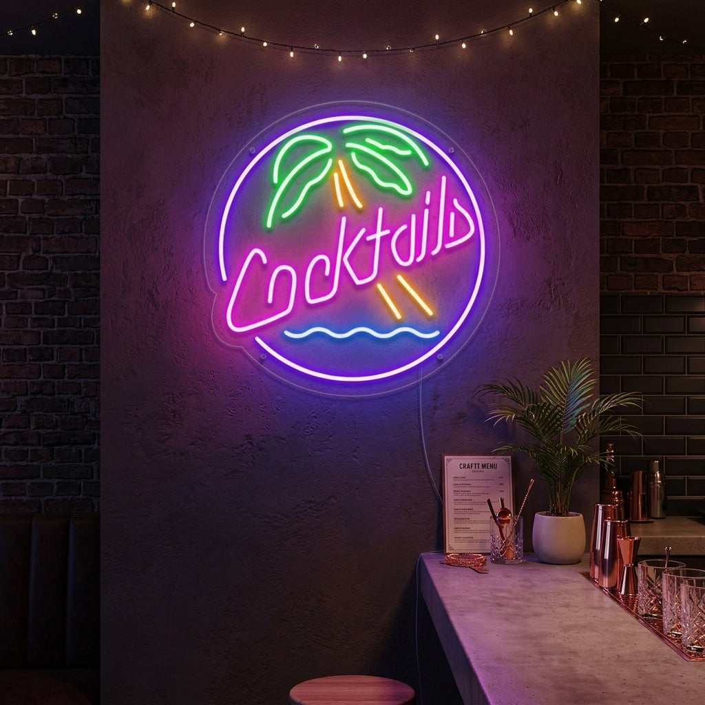 A vibrant 'Cocktails' neon sign glowing in bright pink script with a blue underline, mounted on a rustic wooden plank wall in a home bar setting.