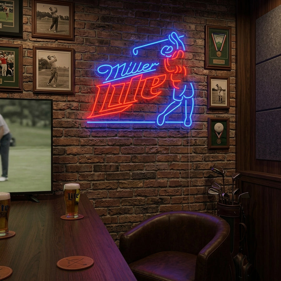 "Golf Beer" neon sign featuring a golfer swinging and a beer mug, glowing in a home bar setting.