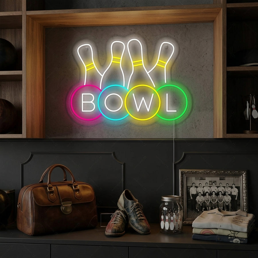 Vibrant 'Bowling Shop Logo' neon sign featuring pins and ball glowing bright on a rustic brick wall in a cozy alley setting.