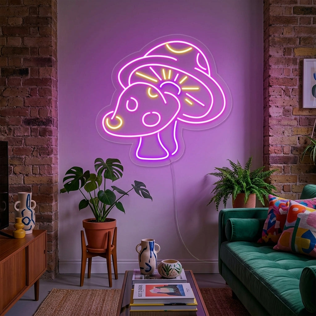 A glowing mushroom neon sign illuminating a cozy living room wall above plants and decor.