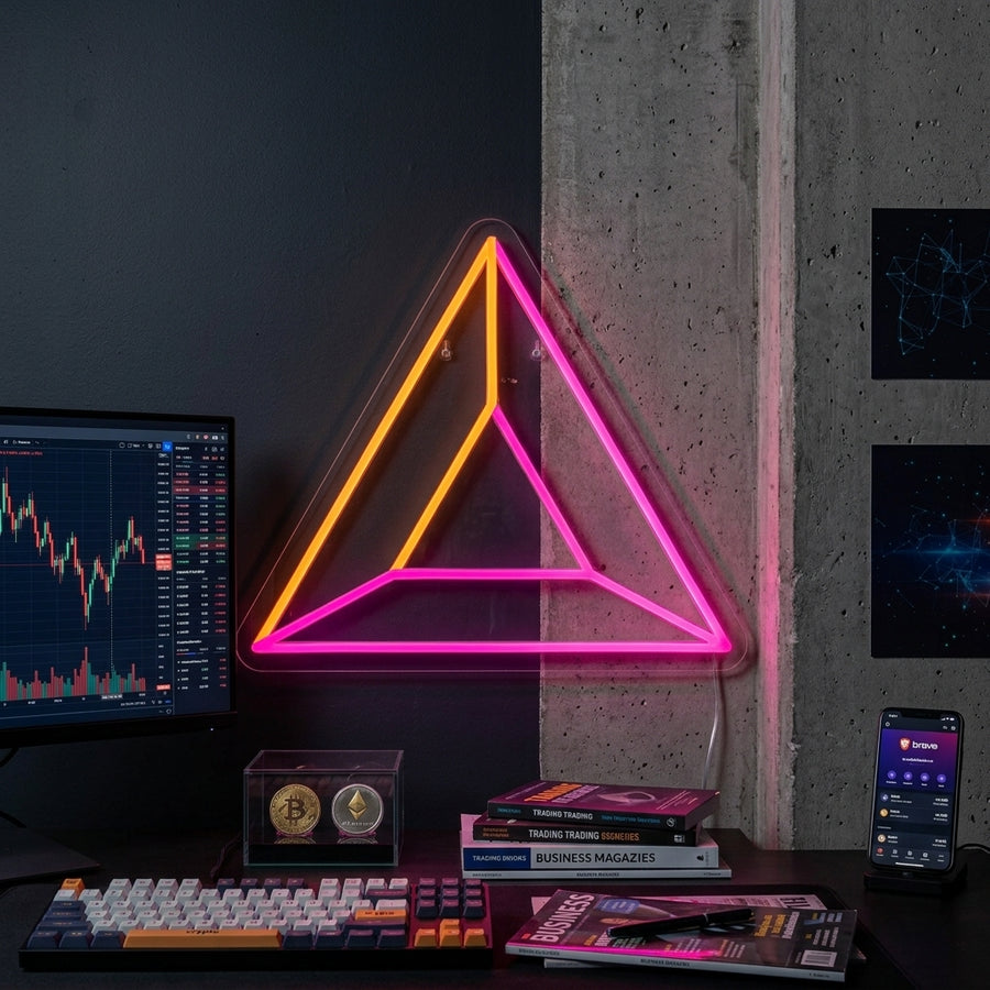 A vibrant 'Brave Coin' neon sign glows on a textured blue wall, providing atmospheric lighting in a modern room with a gaming setup and shelves.