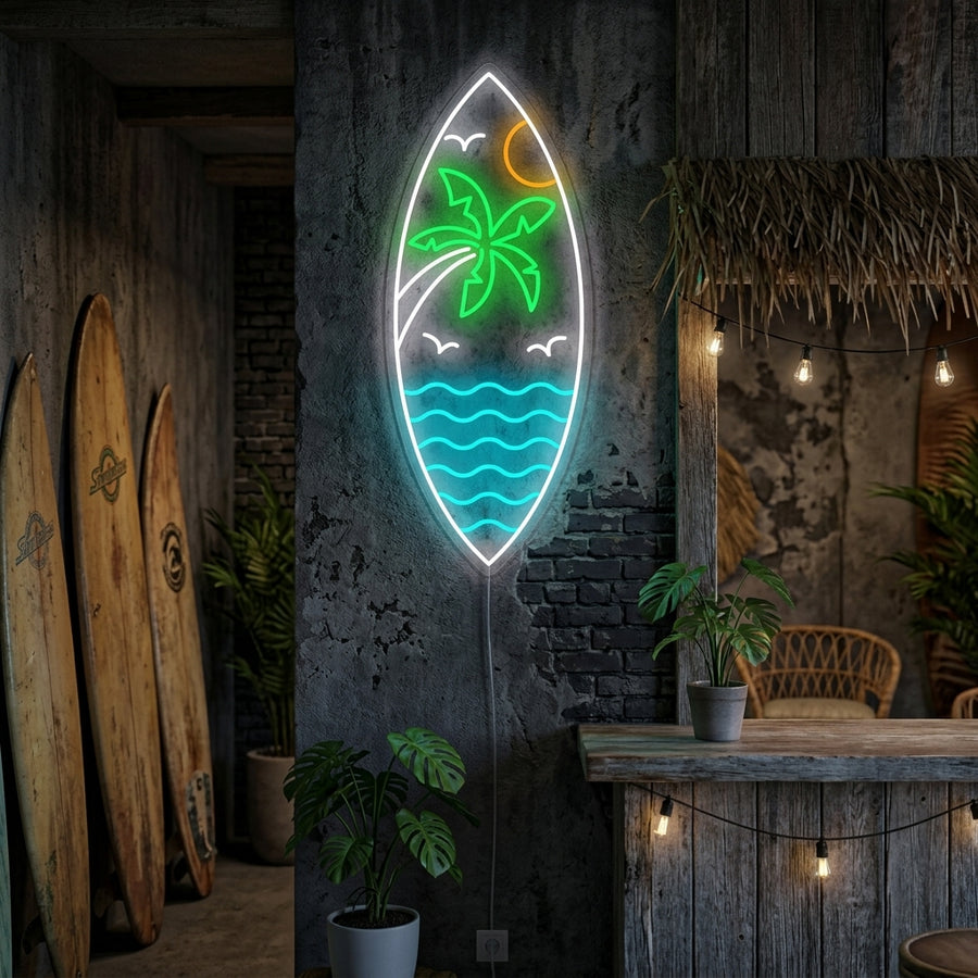 A vibrant 'Beach Waves Tropical Sunset' neon sign is glowing on a wall, showing a sunset over the ocean with palm trees and waves.