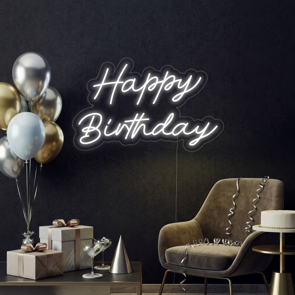 A lifestyle photograph of a 'Happy Birthday' neon sign in use, glowing warmly.