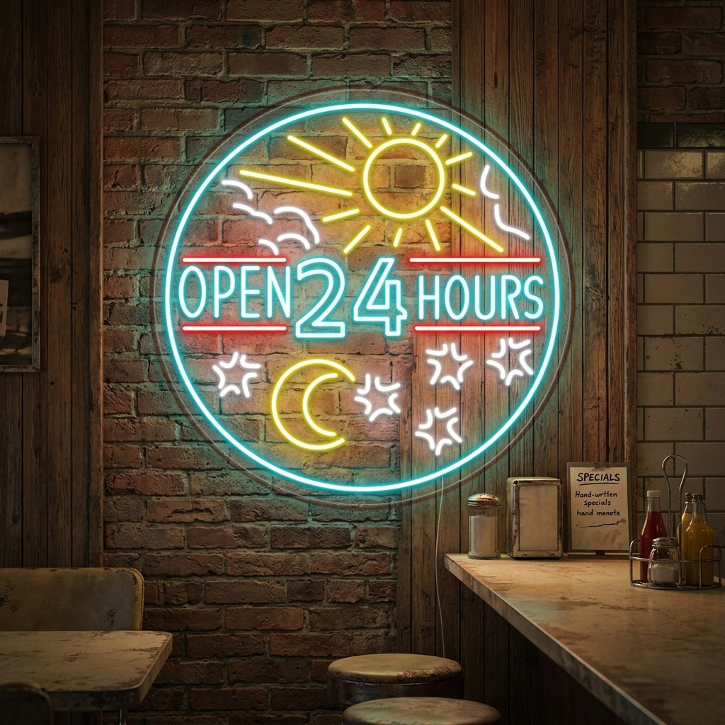 A vibrant 'Open 24 Hours' neon sign with blue glowing text for businesses that never close, on a textured dark wall in a nighttime setting.
