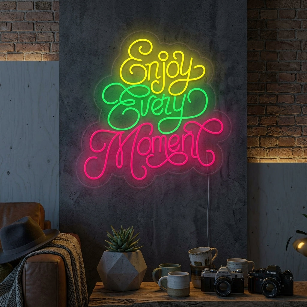 A candid style photo showing the warm glowing 'Enjoy Every Moment' script neon sign mounted on a textured brick wall above a cozy living room sofa, creating an inviting atmosphere.