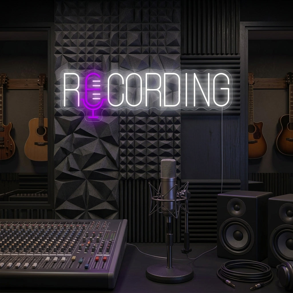 A glowing red 'RECORDING' neon sign illuminates a cozy home music studio corner with acoustic foam panels and professional audio gear.